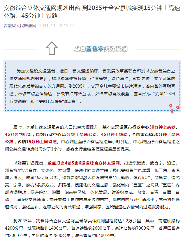 安徽綜合立體交通網(wǎng)規劃出臺 到2035年全省縣城實(shí)現15分鐘上高速公路、45分鐘上鐵路_副本.png